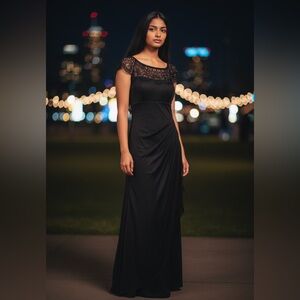 Vtg‎ Y2K Black Maxi Gown Sz 6 Evening Cap Sleeve Beaded Ruched Draped Whimsigoth
